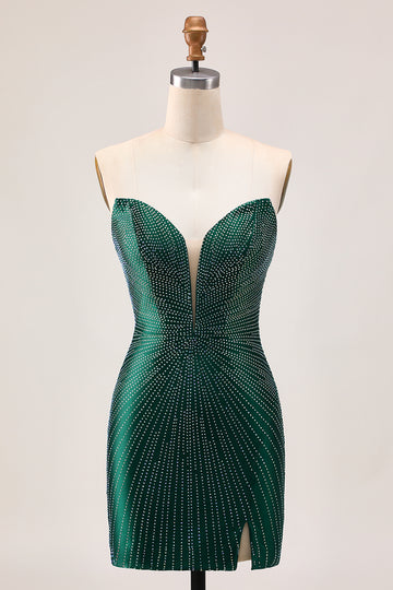 Strapless Bodycon Beaded Dark Green Homecoming Dress With Slit